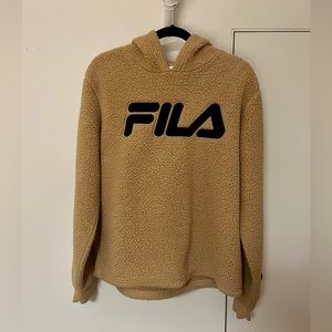 FILA Beige Cream Teddy Bear Fleece Hoodie Sweatshirt Size XL Womens